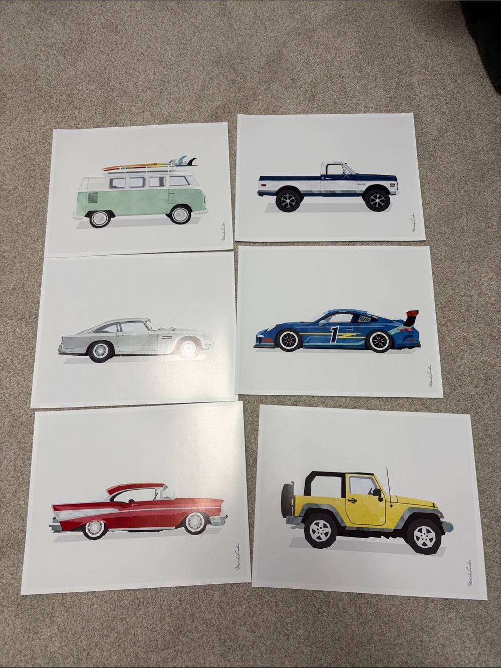 Set of Six Vehicle Art Prints - Multi-Color